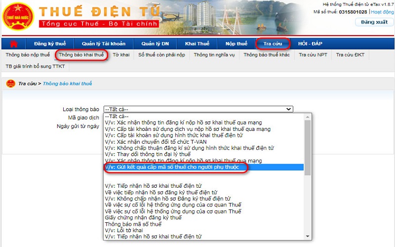 Chọn loại thông báo là “V/v: Gửi kết quả cấp mã số thuế cho người phụ thuộc”
