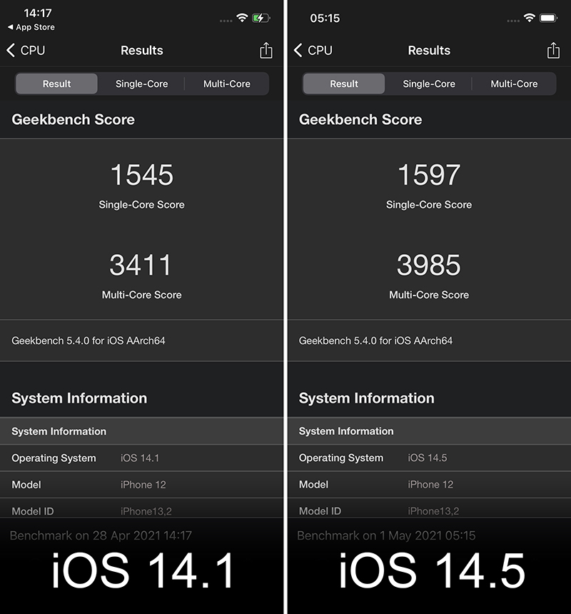 So sánh điểm Geekbench đơn và đa nhân giữa iOS 14.1 và iOS 14.5