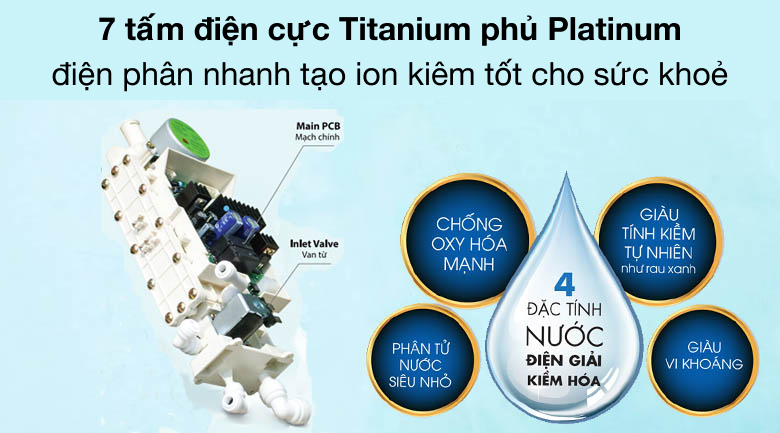 máy lọc nước ion kiềm Ionpia có tấm điện cực được làm từ Titanium phủ Platinum tuổi thọ 30 năm