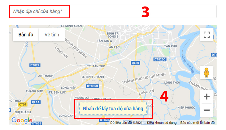 Nhập địa chỉ cửa hàng hiện tại. Sau đó, chọn Nhấn để lấy tọa độ cửa hàng