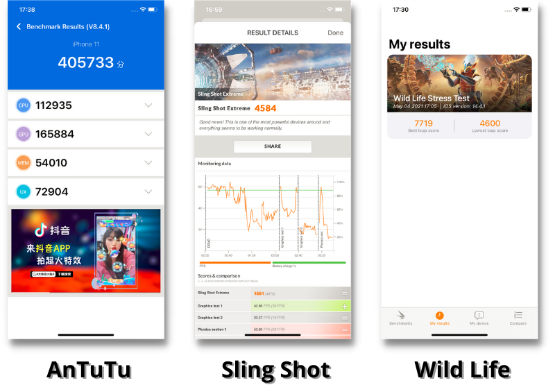 Điểm hiệu năng của iPhone 11 được chấm bằng AnTuTu Benchmark (bên trái), 3DMark Sling Shot Extreme (giữa) và 3DMark Wild Life Stress Test (bên phải).
