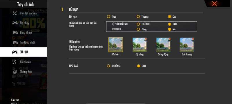 Thiết lập đồ họa trong game Free Fire mà iPhone 11 chỉnh được.