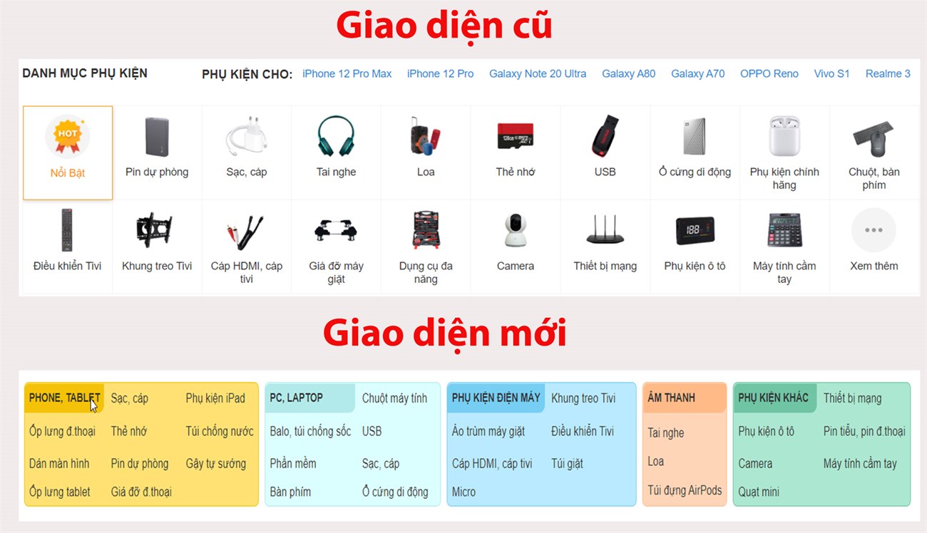 Đổi cách hiển thị ngành hàng phụ kiện Đổi cách hiển thị ngành hàng phụ kiện