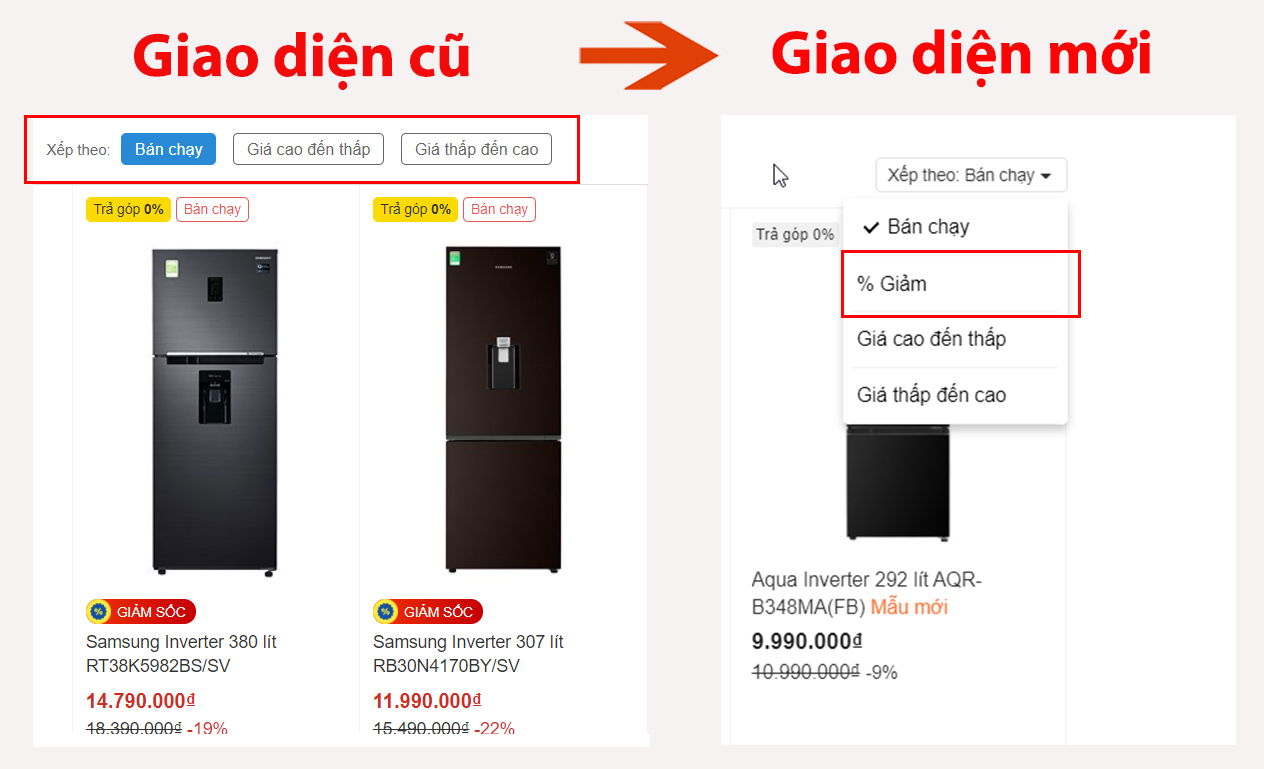 Thay đổi cách hiển thị bộ lọc sắp xếp sản phẩm Thay đổi cách hiển thị bộ lọc sắp xếp sản phẩm