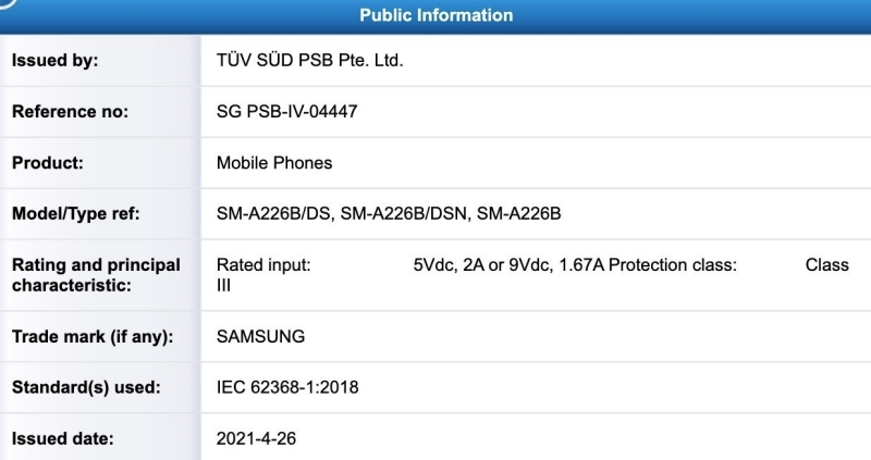 Galaxy A22 5G có số model SM-A226B/DS 