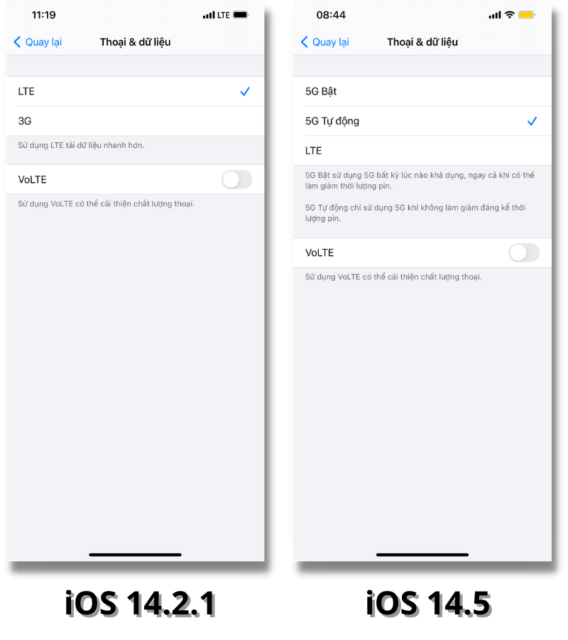 iPhone 12 Pro của mình đã hỗ trợ kết nối 5G sau khi lên đời iOS 14.5 (bên phải).