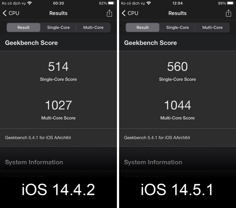 So sánh điểm hiệu năng Geekbench của iOS 14.4.2 và iOS 14.5.1 So sánh điểm hiệu năng Geekbench của iOS 14.4.2 và iOS 14.5.1
