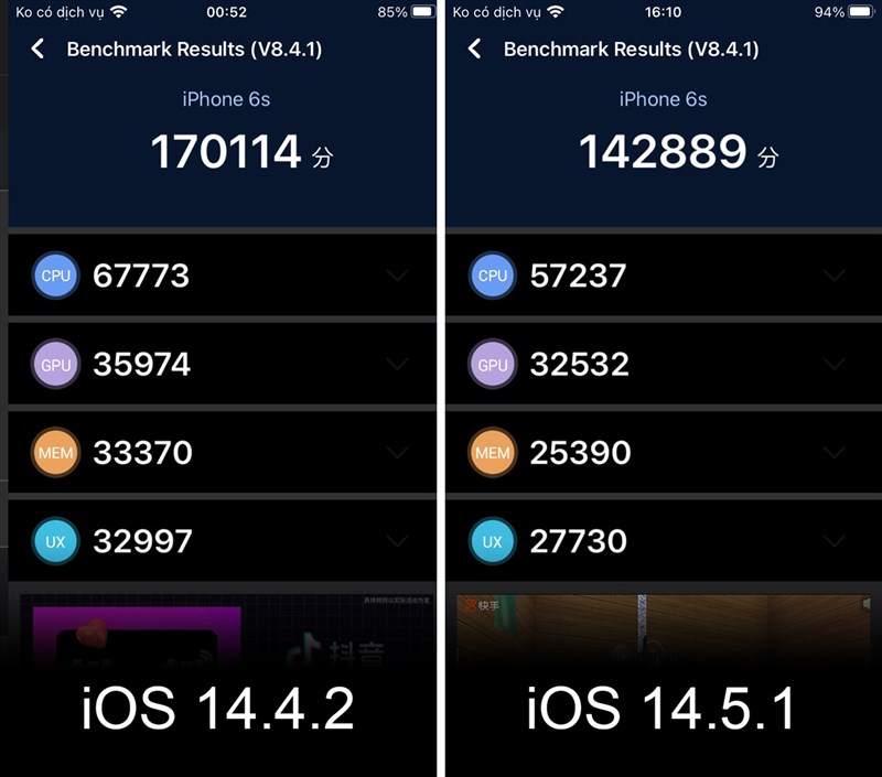 So sánh điểm hiệu năng Antutu của iOS 14.4.2 và iOS 14.5.1 So sánh điểm hiệu năng Antutu của iOS 14.4.2 và iOS 14.5.1