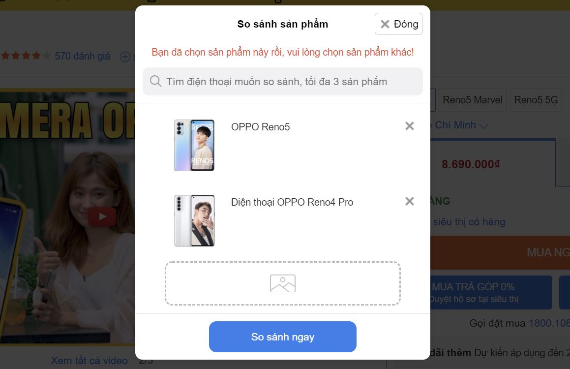Người dùng có thể chọn tối đa 3 sản phẩm 1 lúc để thực hiện so sánh Người dùng có thể chọn tối đa 3 sản phẩm 1 lúc để thực hiện so sánh
