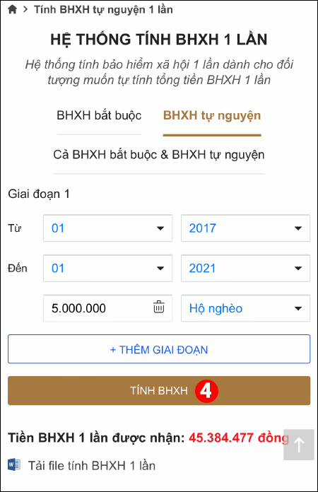 Nhấn nút TÍNH BHXH