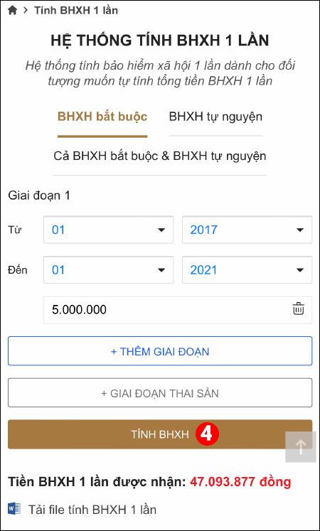 Nhấn nút TÍNH BHXH