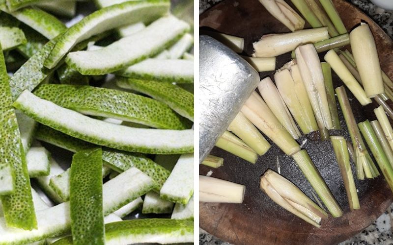 Preliminary processing of ingredients to make grapefruit lemongrass juice