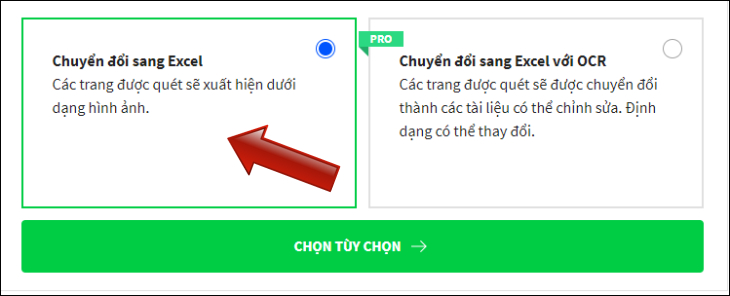 bấm chọn chuyển đổi sang Excel