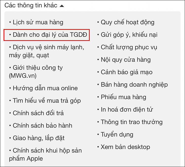 Chọn Dành cho đại lý của TGDĐ