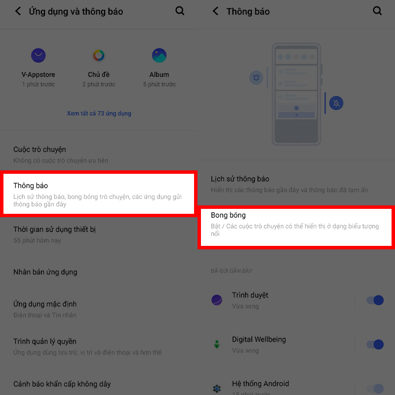 Bật bong bóng thông báo