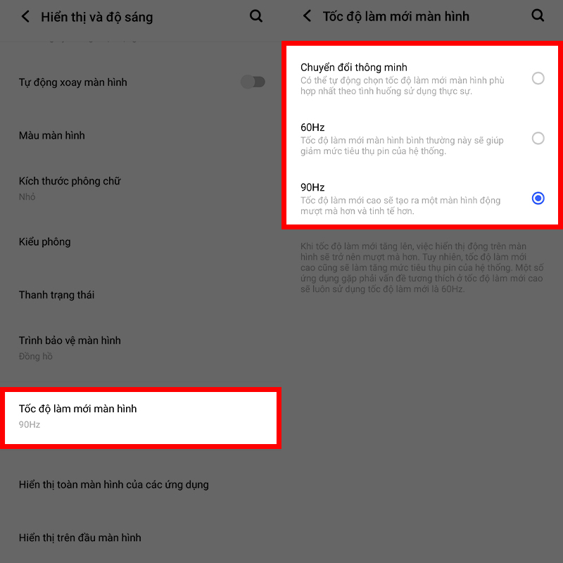 Bật màn hình tần số quét cao