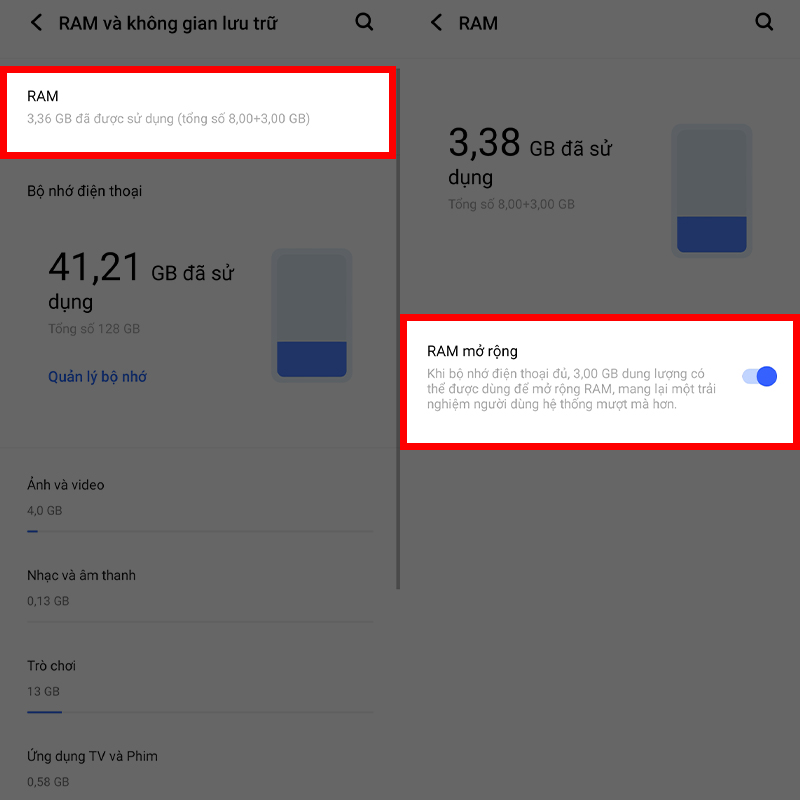 Bật tính năng Ram mở rộng