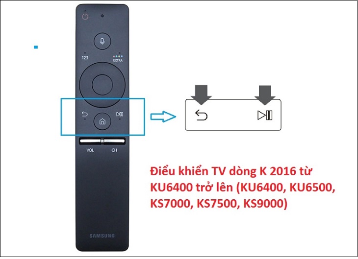 Cách kết nối điều khiển TV Samsung & khắc phục lỗi khi không hoạt động > Kiểm tra nút điều khiển của remote tivi dòng K năm 2016 từ KU6400 trở lên