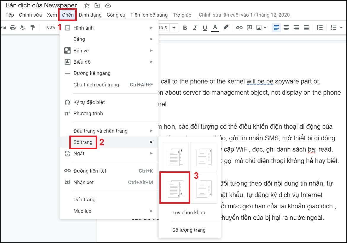 Bước 3: Chọn Chèn > số trang