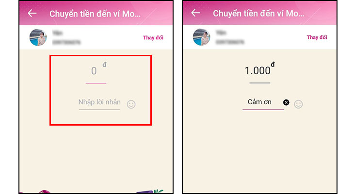Nhập số tiền và lời nhắn
