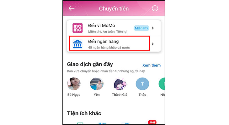 Chọn Chuyển tiền đến ngân hàng