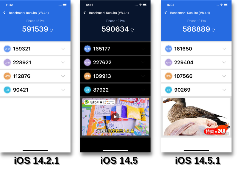 Điểm AnTuTu của iPhone 12 Pro chạy iOS 14.2.1 (bên trái), iOS 14.5 (chính giữa) và iOS 14.5.1 (bên phải).