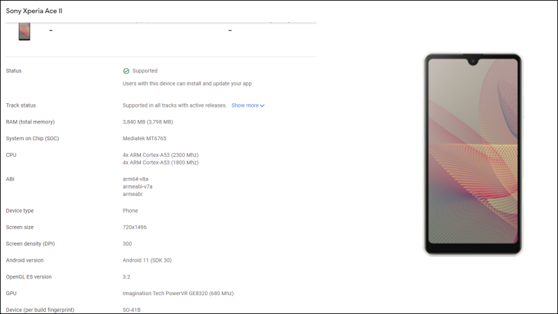 Thông số cấu hình của Sony Xperia Ace 2 trên Google Play Console