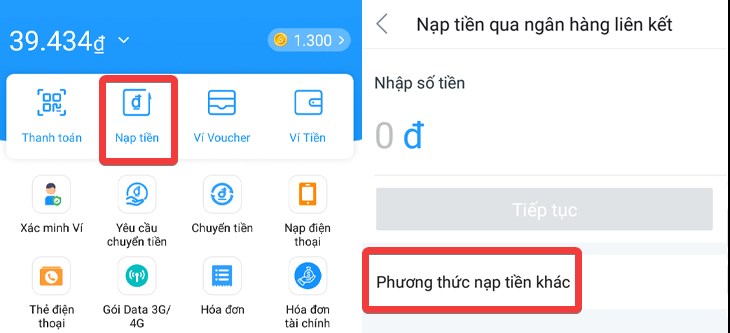 Chọn Nạp tiền > Phương thức nạp tiền khác.