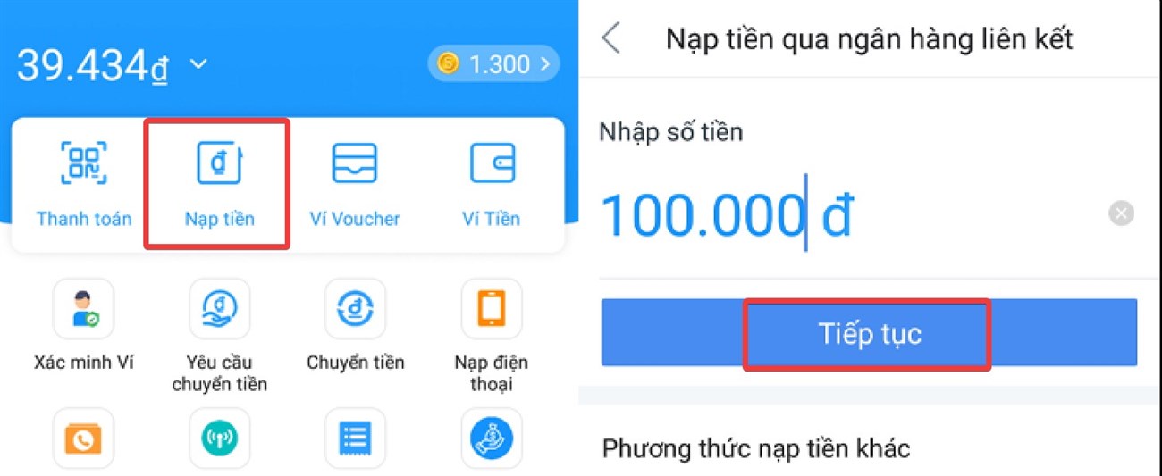 Chọn Nạp tiền > Nhập số tiền cần nạp và nhấn Tiếp tục