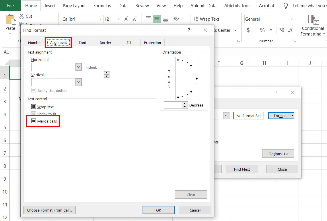 Chọn tab Alignment và tick vào mục Merge cells