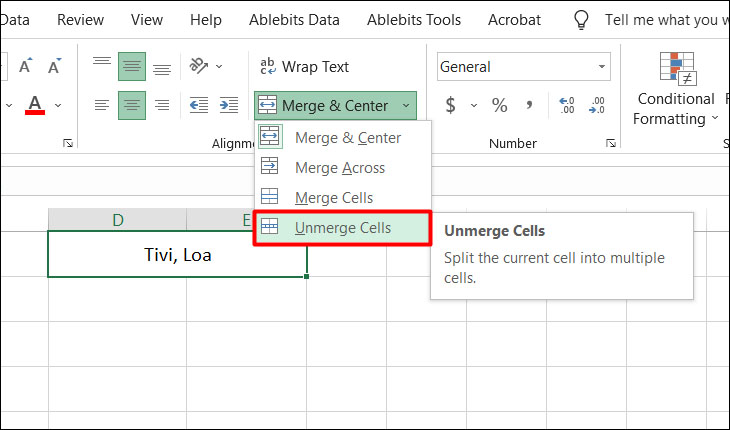 Chọn Merge & Center > Unmerge Cells để tiến hành tách ô 