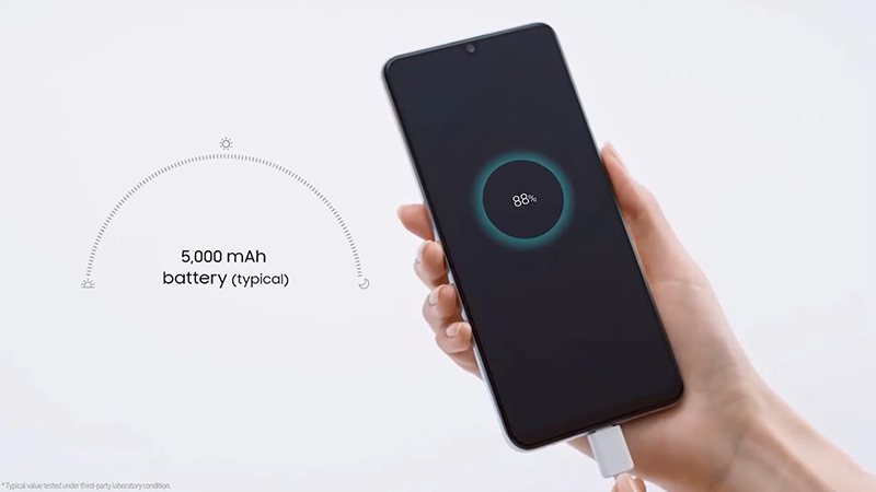 Samsung Galaxy A22s 5G có viên pin 5.000 mAh và sạc nhanh công suất 25 W