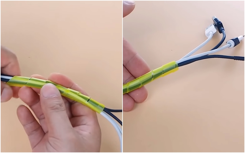 Bước 2: Sau đó, bạn gom các sợi dây lại thành 1 bó và bắt đầu gắn và xoắn từ từ nó vào bó dây như thế này: