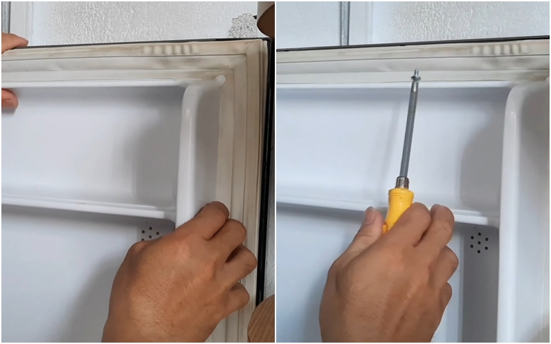 Bước 4: Sau đó bạn hãy gắn ron lại vào tủ theo vị trí ban đầu. Nếu ron cần cố định bằng ốc vít thì hãy dùng tua vít để vặn lại ốc cho chắc chắn nhé!