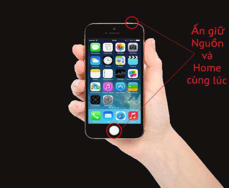 Bạn nhấn đồng thời nút nguồn trên đỉnh điện thoại và nút Home để chụp ảnh màn hình