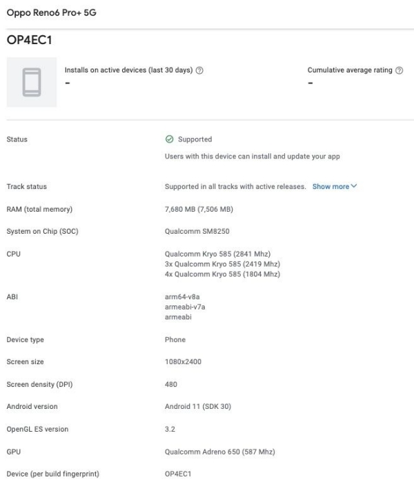 OPPO Reno6 Pro+ 5G chạy Snapdragon 870 được liệt kê trên Google Play Console OPPO Reno6 Pro+ 5G chạy Snapdragon 870 được liệt kê trên Google Play Console