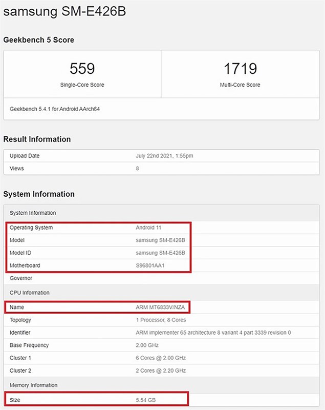 Cấu hình của Galaxy F42 5G đã lộ diện thông qua trang GeekBench. Nguồn: Sammobiles.