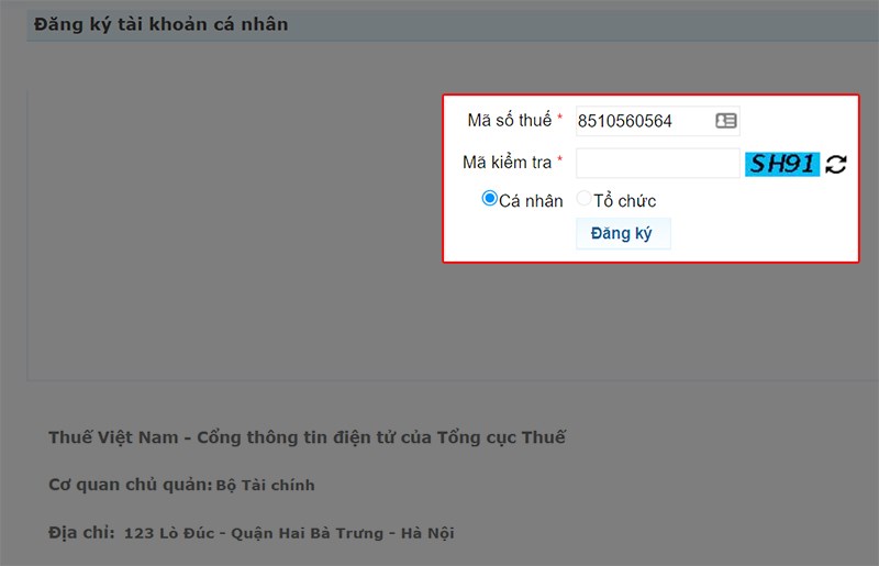 Bước 2: Nhập thông tin mã số thuế, mã kiểm tra (do hệ thống cung cấp), tick chọn Cá nhân