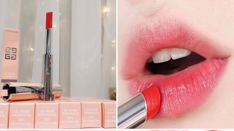 Môi khi dùng son Givenchy 301 Soothing Red - Le Rose Perfecto