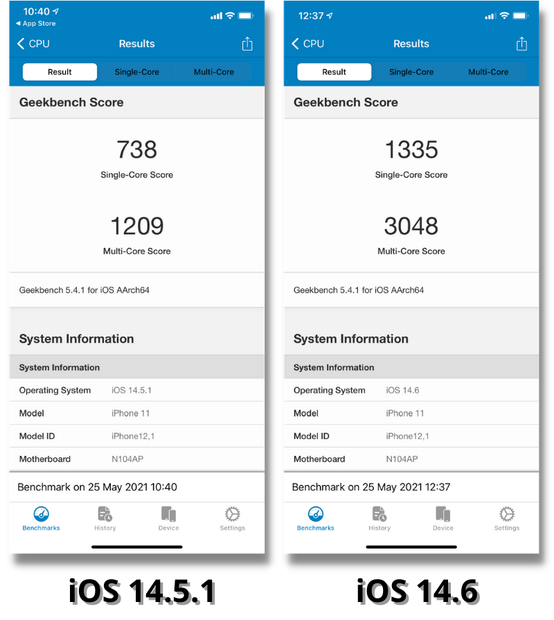 Điểm đơn nhân/đa nhân GeekBench 5 của iPhone 11 chạy iOS 14.5.1 (bên trái) và iOS 14.6 (bên phải).