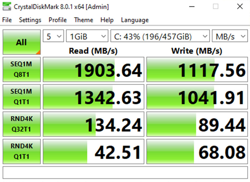 Đo tốc độ đọc và ghi của ổ cứng SSD 512 GB trên MSI GF65 Thin 10UE