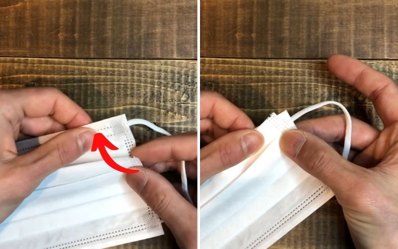 Bước 2: Sau đó, bạn cầm ở vị trí vừa mở phần keo dán ra, đưa lên và chắp vào phần mép phía trên của khẩu trang Bước 2: Sau đó, bạn cầm ở vị trí vừa mở phần keo dán ra, đưa lên và chắp vào phần mép phía trên của khẩu trang