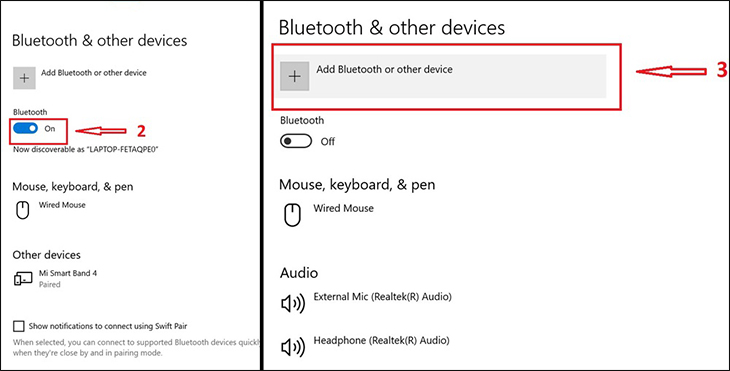  Nhấn chuột vào biểu tượng như hình dưới đây để bật Bluetooth và click chuột chọn Add Bluetooth and other device