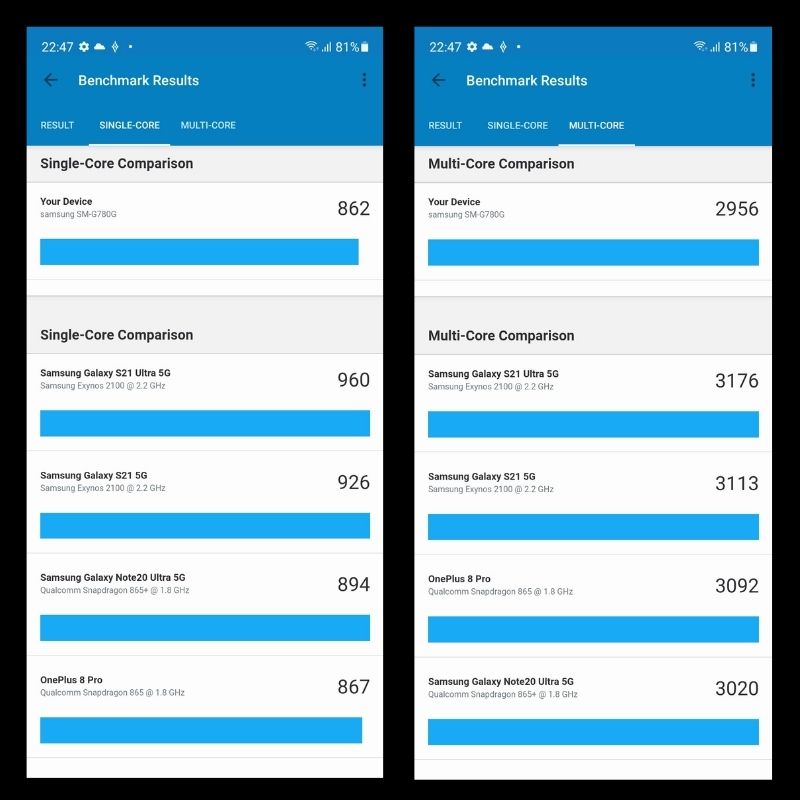Điểm đơn nhân và đa nhân trên Samsung Galaxy S20 FE đo bằng ứng dụng Geekbench 5 Điểm đơn nhân và đa nhân trên Samsung Galaxy S20 FE đo bằng ứng dụng Geekbench 5