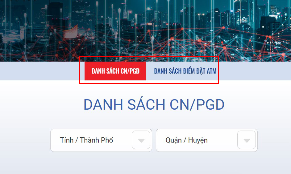 Chọn Chọn Danh sách Chi nhánh/PGD hoặc Điểm đặt ATM