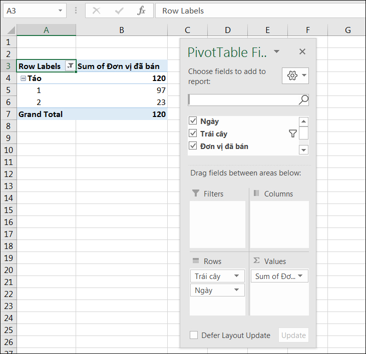 Sử dụng Pivot Table để lọc ra danh sách kết quả