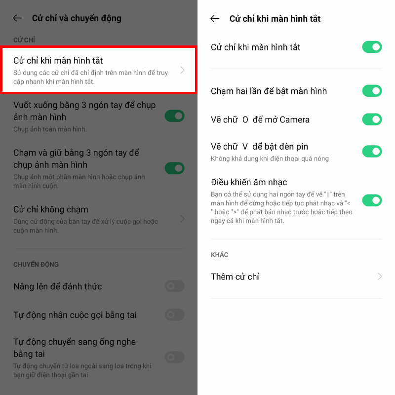 Cử chỉ khi màn hình tắt Cử chỉ khi màn hình tắt