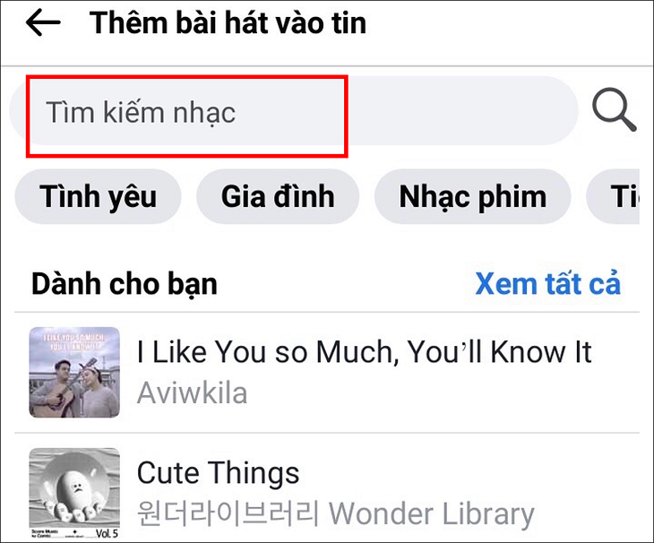 Tìm kiếm bài hát mà bạn muốn chèn vào tin tại khung Tìm kiếm nhạc