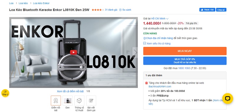 Loa Kéo Bluetooth Karaoke Enkor L0810K Đen 25W