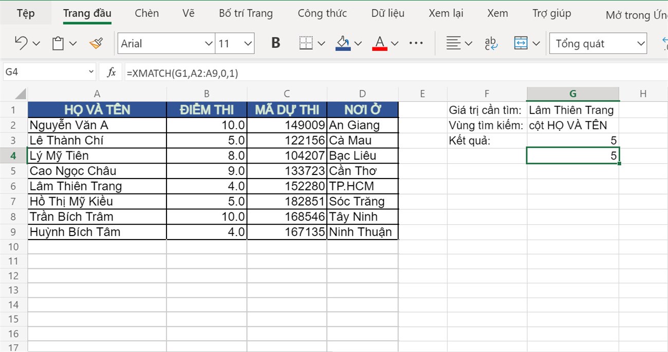 Kết quả khi sử dụng hàm XMATCH